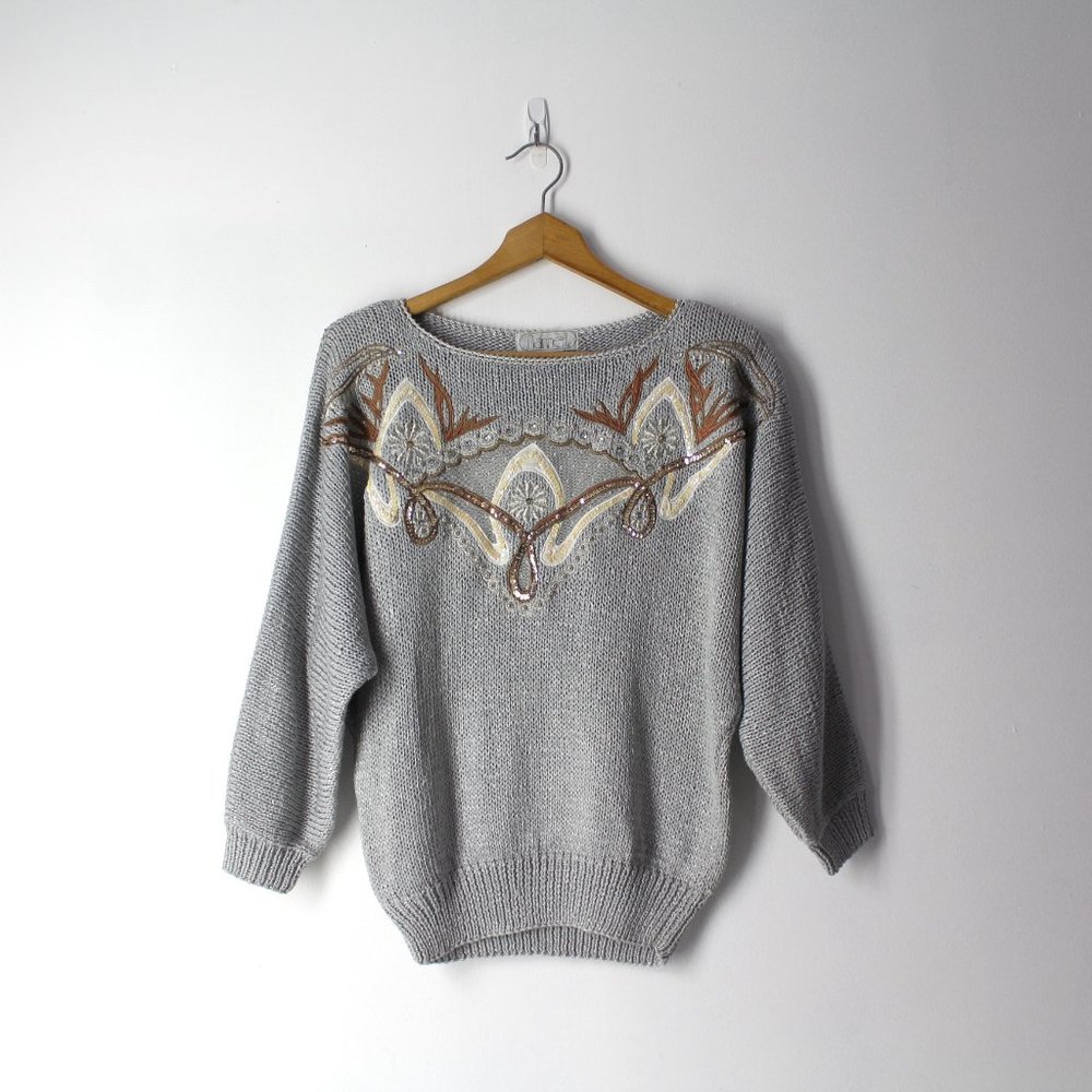 Vintage 80' NANNELL sweater top gray dolman sleeve beads sequins mesh sz M / L